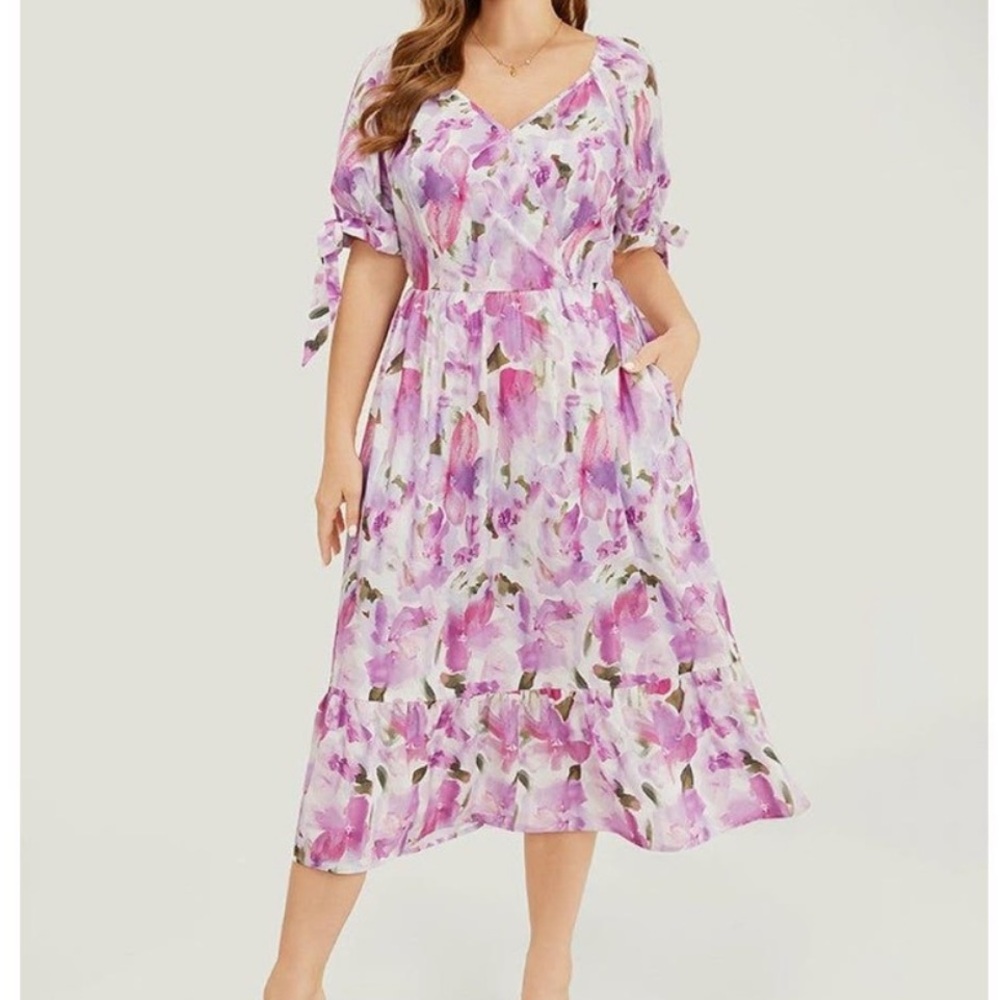 BloomChic Floral Wrap Ruffle Hem Pocket Knot Sleeve Dress - 18/20/2X